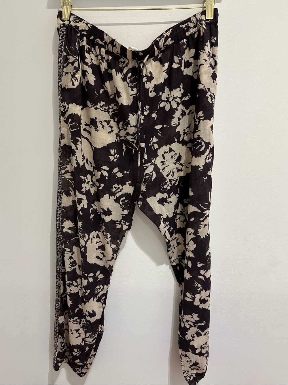 ba&sh Black and Cream Floral Drawstring Pants